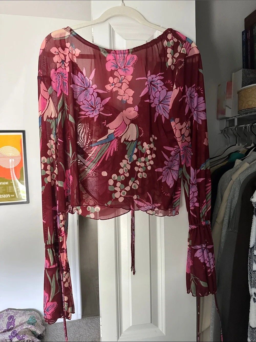 Free People Burgundy Sheer Floral Tie-Front Blouse